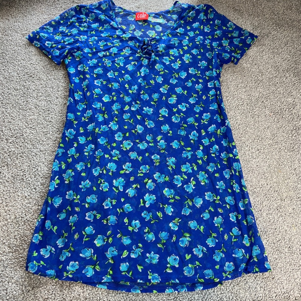 Cole of California Floral Mesh Cover Up Dress Womens medium Blue Y2K Lace Up Tie